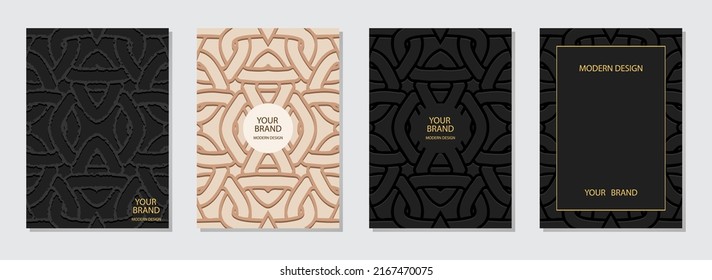 Conjunto de carátulas, plantillas geométricas verticales. Colección de fondo negro de moda con estampado 3d en estilo garabato. Ornamentos étnicos, tribales de Oriente, Asia, India, México, aztecas, Perú.