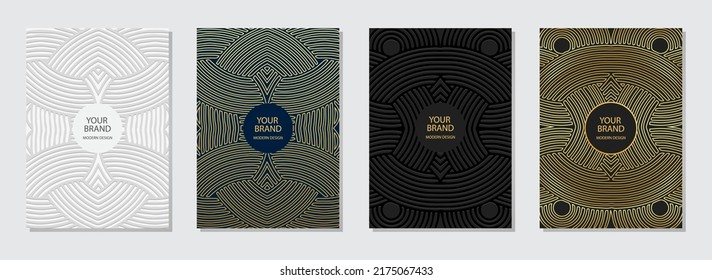 Cover set, vertical original templates. A collection of backgrounds with a 3D relief geometric pattern of contours. Tribal decorative ethnic ornaments of East, Asia, India, Mexico, Aztecs, Peru.
