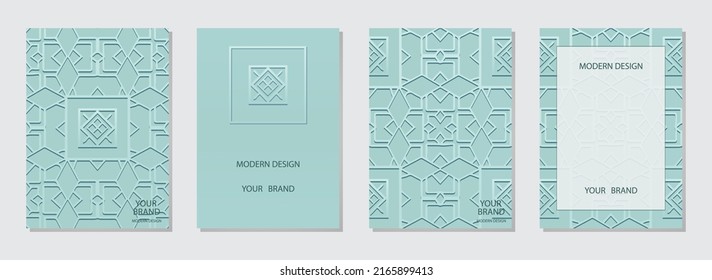 Cover set, vertical satin templates. Collection of turquoise relief backgrounds with 3d pattern. Ethnic elegant texture in the traditional style of the peoples of the East, Asia, India, Mexico, Aztecs