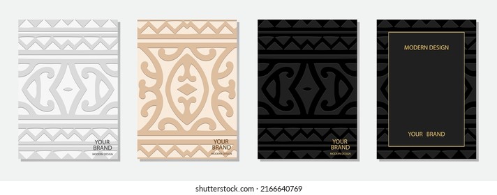 Juego de carátulas, plantillas verticales elegantes. Colección de fondos vintage con un patrón de relieve 3d, espacio para texto. Ornamentos étnicos, tribales de Oriente, Asia, India, México, aztecas, Perú.