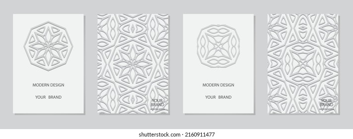 Cover Set, Vertical Templates. Collection Of White Embossed Backgrounds. Ethnic 3d Pattern For Logo, Monogram, Invitation, Flyer, Menu, Background. Traditions Of The East, Asia, India, Mexico, Aztecs,