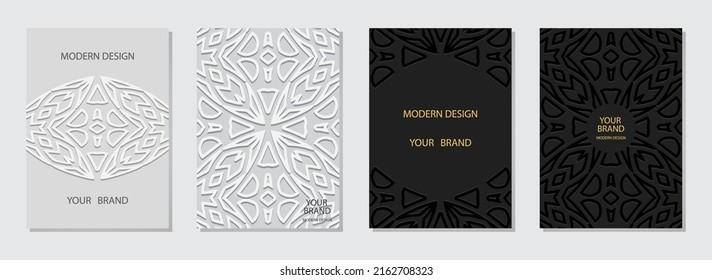 Cover Set, vertikale Vorlagen. Kollektion von Hintergründen mit weißer und schwarzer Prägung. Ethnische exotische 3D-Muster, Logo, Monogramm. Kunst der Völker Ost, Asien, Indien, Mexiko, Azteken, Peru.
