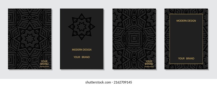 Conjunto de carátulas, plantillas verticales. Colección de fondo negro con relieve. Patrón 3d étnico vintage, logotipo, monograma. Arte de los pueblos del Este, Asia, India, México, Aztecas, Perú.