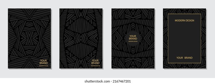 Cover set, vertical templates. A collection of minimalistic black backgrounds with 3d embossed doodling style. Ethnic, tribal ornaments of the East, Asia, India, Mexico, Aztecs, Peru.