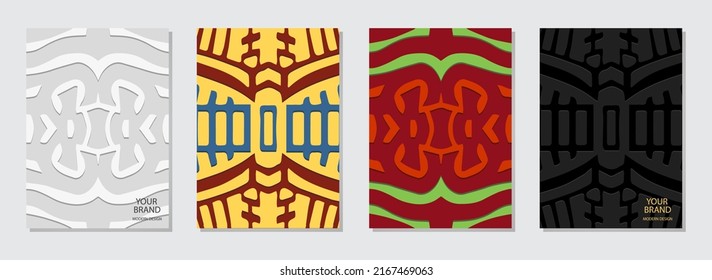 Cover set, vertical templates. A collection of minimalistic multicolored backgrounds with a 3d embossed pattern in the style of doodling. Ethnic, folk ornaments of the East, Asia, India, Mexico, Aztec