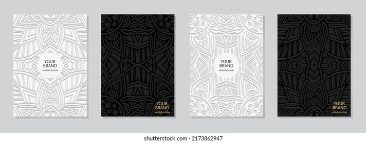 Conjunto de carátulas, plantillas verticales. Colección de fondo blanco y negro con un patrón geométrico de relieve 3d. Ornamentos étnicos de fantasía tribal de Oriente, Asia, India, México, Aztecas, Perú.
