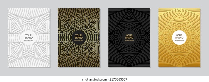 Cover set, vertical templates. Collection of backgrounds with 3d embossed geometric pattern, golden texture. Tribal fantasy ethnic ornaments of East, Asia, India, Mexico, Aztecs, Peru.