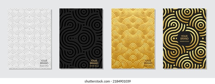 Conjunto de carátulas, plantillas verticales. Colección de fondos de relieve con un patrón 3d, textura étnica geométrica de rayas y círculos. Patrimonio tribal del Este, Asia, India, México, Aztecas, Perú.