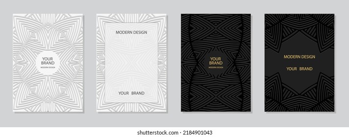 Cover set, vertical templates. Collection of relief backgrounds with 3D pattern, geometric ethnic texture of stripes and lines. Tribal heritage of the East, Asia, India, Mexico, Aztecs, Peru.