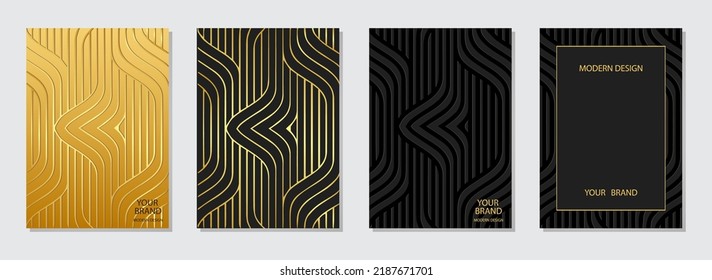 Conjunto de carátulas, plantillas verticales. Colección de fondos de relieve con un patrón 3d, textura geométrica dorada de líneas y contornos. Lugar de texto y publicidad, diseño de sitio web, presentación, volante