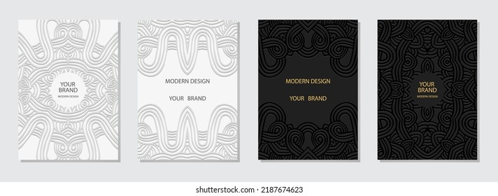 Cover set, vertical templates. Collection of relief backgrounds with 3d pattern, geometric ornamental ethnic texture. Tribal ideas of the East, Asia, India, Mexico, Aztecs, Peru.