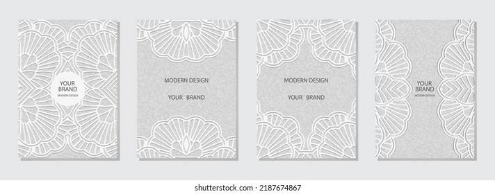 Cover set, vertical templates. Collection of relief white elegant backgrounds with 3d pattern, geometric ornamental ethnic texture. Tribal ideas of the East, Asia, India, Mexico, Aztecs, Peru.