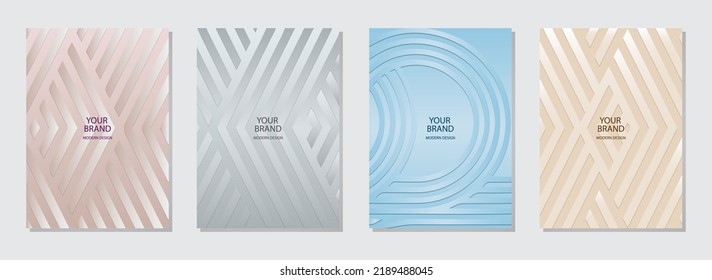 Conjunto de carátulas, plantillas verticales. Colección de fondo de luz en relieve con un patrón 3D, textura geométrica de líneas, rayas, círculos. Lujoso diseño y decoración de diseño. 
