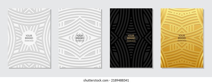 Cover set, vertical templates. Collection of embossed white, black, gold backgrounds with 3d pattern, original geometric texture from lines, stripes. Luxurious, stylish design and decor.