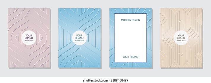 Conjunto de carátulas, plantillas verticales. Colección de fondo de luz en relieve con un patrón 3D, textura geométrica de líneas delgadas y contornos. Lujoso diseño y decoración de diseño.