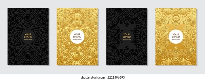 Conjunto de carátulas, plantillas verticales. Colección de fondo geométrico de relieve vintage con patrón 3D, textura tribal dorada, papel de prensa, doodle y estilo zentagle. motivos étnicos.