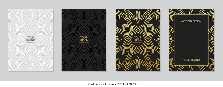 Cover set, vertical templates. Collection of vintage relief geometric backgrounds with 3D pattern, tribal golden texture, press paper, doodle and zentagle style. Ethnic exotic motifs.