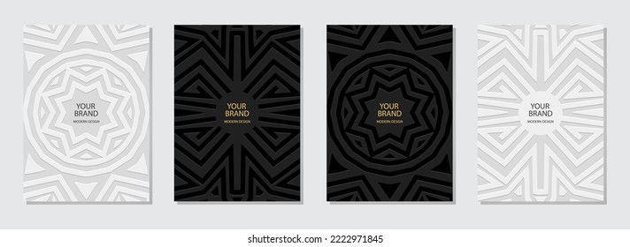 Cover set, vertical templates. Collection of stylized relief geometric white and black backgrounds with 3D pattern, tribal texture, press paper, doodle and zentangle style. Ethnic unique motifs.