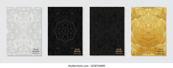 Cover set, vertical templates. Collection of embossed geometric backgrounds with abstract 3D pattern, tribal golden texture. Trendy boho style, doodle and zentangle, press paper. Ethnic motives.