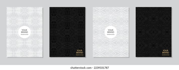 Conjunto de carátulas, plantillas verticales. Colección de fondo geométrico de relieve de lujo con patrón 3D, textura tribal. Estilo boho exótico, doodle y zentangle, papel de prensa. Ornamentos étnicos. 