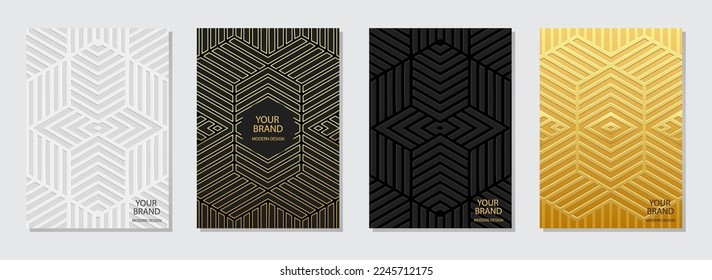 Cover set, vertical templates. Collection of relief geometric backgrounds with 3D pattern, tribal decorative golden texture. Boho style, doodle and zentagle, press paper. Ethnic traditions.