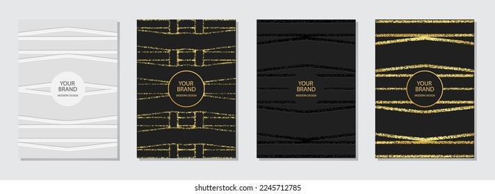 Cover set, vertical templates. Collection of relief geometric backgrounds with 3D pattern, tribal linear golden texture. Boho style, doodle and zentagle, press paper. Ethnic traditions.