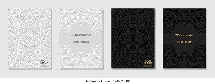 Cover set, vertical templates. Collection of relief geometric backgrounds with 3D pattern, tribal lace texture. Boho style, doodle and zentagle, press paper. Ethnic traditions.