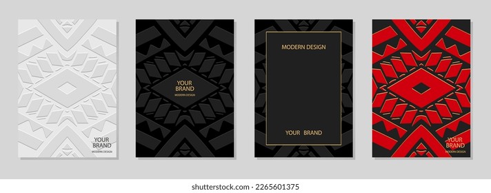 Cover set, vertical templates. Collection of relief geometric backgrounds with 3D pattern, press paper. Original textures of East, Asia, India, Mexico, Aztecs, Peru. Ethnic boho motifs.