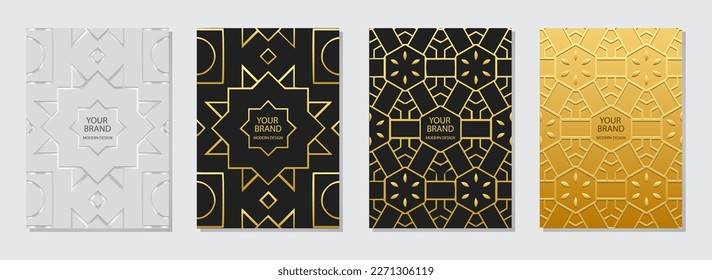 Conjunto de carátulas, plantillas verticales. Colección de fondos geométricos de relieve con patrón 3D, papel de prensa. Temas minimalistas de Oriente, Asia, India, México, Aztecas, Perú. Motivos exóticos del boho étnico.
