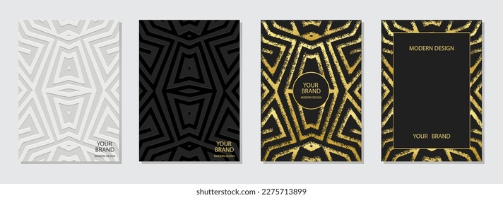 Cover set, vertical templates. A collection of embossed geometric backgrounds with a unique 3D pattern, press paper. Ethnos of the East, Asia, India, Mexico, Aztecs, Peru. Dudling, boho, art deco.