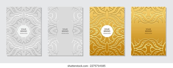 Cover set, vertical templates. Collection of embossed geometric backgrounds with openwork 3D pattern, press paper. Ethnos of the East, Asia, India, Mexico, Aztecs, Peru. Dudling, boho, art deco.