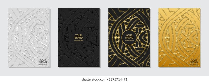 Cover set, vertical templates. Collection of embossed geometric backgrounds with abstract 3D pattern, press paper. Ethnos of the East, Asia, India, Mexico, Aztecs, Peru. Dudling, boho, art deco.