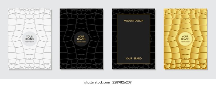 Conjunto de carátulas, plantillas verticales. Colección de fondos geométricos en relieve con un patrón 3D dorado, papel de prensa. Creatividad tribal original de Oriente, Asia, India, México, Aztecas, Perú.