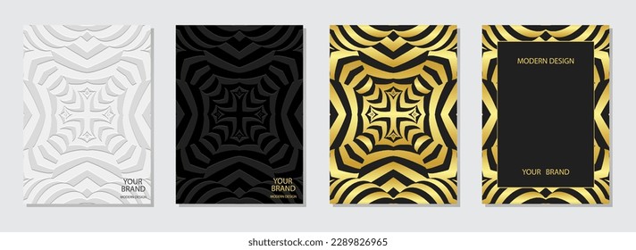 Cover set, vertical templates. Collection of embossed geometric backgrounds with golden 3D line pattern, press paper. Tribal fractal creativity of the East, Asia, India, Mexico, Aztecs, Peru.