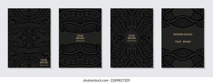 Cover set, vertical templates. Collection of relief geometric backgrounds with 3D pattern, press paper. Tribal exotic creativity of the East, Asia, India, Mexico, Aztecs, Peru.