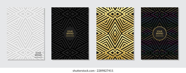 Cover set, vertical templates. Collection of embossed geometric backgrounds with golden 3D line pattern, press paper. Tribal folk art of the East, Asia, India, Mexico, Aztecs, Peru.