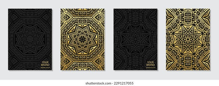 Conjunto de carátulas, plantillas verticales. Colección de fondos geométricos en relieve con un patrón 3D dorado, papel de prensa. Países del Este, Asia, India, México, Aztecas, Perú. Diseño étnico exótico.
