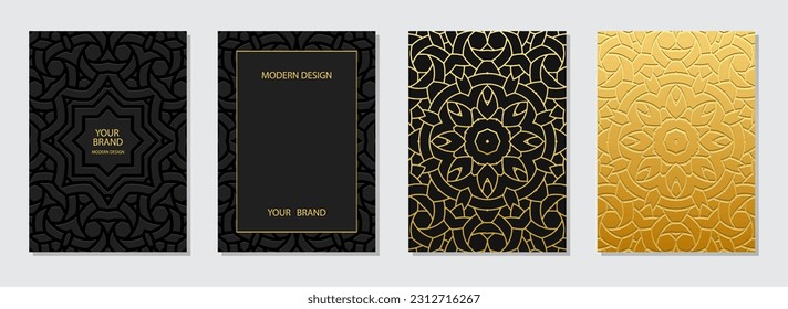 Cover set, vertical templates. Collection of embossed geometric backgrounds with decorative 3D pattern, golden texture. Tribal color, original ethnos of the East, Asia, India, Mexico, Aztec, Peru.