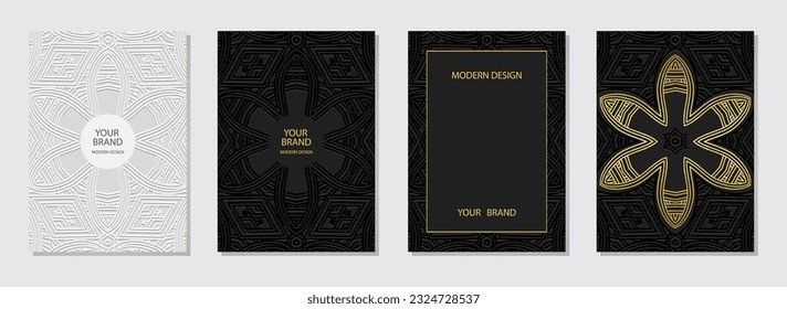 Cover set, vertical templates. Collection of embossed geometric backgrounds with vintage 3D pattern, golden texture. Tribal color, heritage of the East, Asia, India, Mexico, Aztec, Peru.