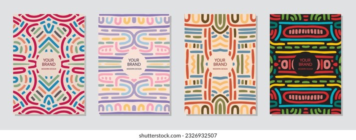 Conjunto de carátulas, plantillas verticales. Colección de fondos geométricos multicolores en relieve con un patrón étnico 3D. El minimalismo tribal, las tradiciones de Oriente, Asia, India, México, Azteca, Perú. 