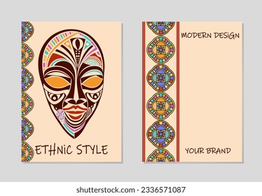 Cover set, vertical templates. Collection of geometric backgrounds with ethnic tribal relief pattern of abstract face, mask, ornaments in line art style. East, Asia, India, Mexico, Aztec, Africa, Peru
