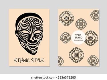 Cover set, vertical templates. Collection of geometric backgrounds with ethnic tribal unique pattern of abstract face, mask, ornaments in line art style. East, Asia, India, Mexico, Aztec, Africa, Peru