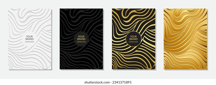 Cover set, vertical templates. Collection of embossed geometric backgrounds with ethnic 3D line pattern, golden texture. Tribal ethnicity of the East, Asia, India, Africa, Mexico, Aztec, Peru. 