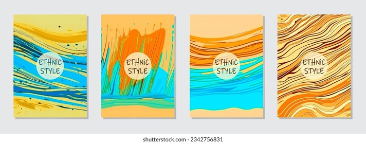Cover set, vertical templates. Collection of abstract watercolor backgrounds with ethnic tribal doodling style pattern, space for text. The color of the East, Asia, India, Mexico, Aztec, Africa, Peru.