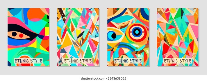 Cover set, vertical templates. Collection of creative watercolor abstract backgrounds with tribal pattern in modernism style, ethnic tones. East, Asia, India, Mexico, Aztec, Africa, Peru.