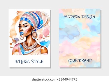Cover set, vertical templates. Collection of unique backgrounds with geometric tribal abstract pattern of African woman watercolor face. Ethnic style, ornaments, decorations. Place for text