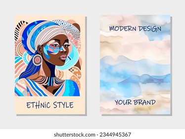 Cover set, vertical templates. Collection of unique backgrounds with geometric tribal decorative pattern of African woman watercolor face. Ethnic style, ornaments, decorations. Place for text