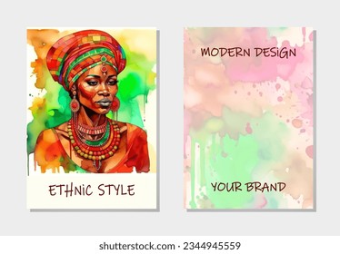 Cover set, vertical templates. Collection of unique backgrounds with geometric tribal vibrant watercolor face pattern of African woman. Ethnic style, ornaments, decorations. Place for text 