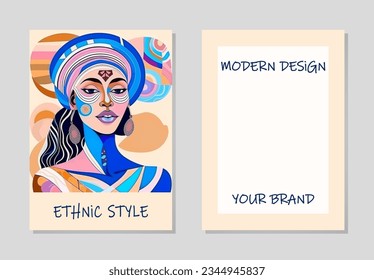 Cover set, vertical templates. Collection of unique backgrounds with geometric tribal elegant pattern of African woman watercolor face. Ethnic style, ornaments, decorations. Place for text 