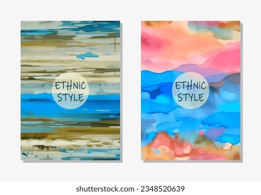 Cover set, vertical templates. Collection of abstract watercolor backgrounds in ethnic style, place for text. The color of the peoples of the East, Asia, India, Mexico, Aztec, Africa, Peru.